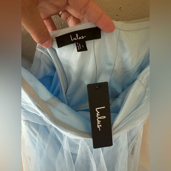 NWT Lulus Delightful Beauty Blue Mesh Strapless Ruched Ruffled Maxi Dress Size L - Picture 7 of 12